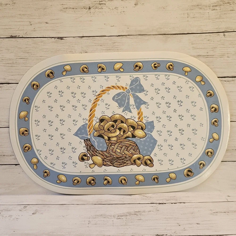 Vintage‎ Mushroom Vinyl Placemat Set of 4 Blue White Cottagecore Country Kitchen